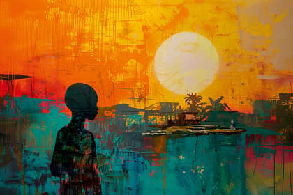 AFRICAN SUNSET PAINTING 24in X 16in WITH BLACK FRAME
