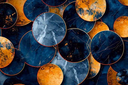 BLUE AND ORANGE ABSTRACT CIRCLES 24in X 16in WITH BLACK FRAME