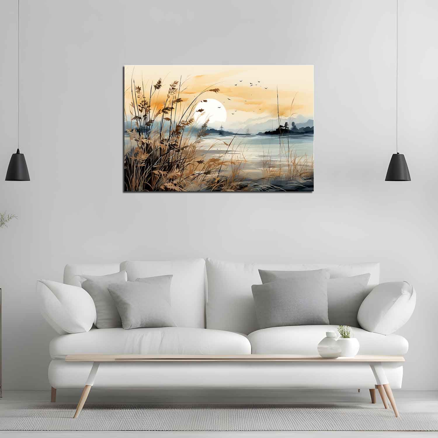 SERENE LAKESIDE SUNSET WALLART PRINT 24in X 16in WITH BLACK FRAME
