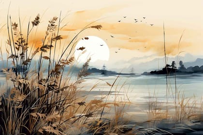 SERENE LAKESIDE SUNSET WALLART PRINT 24in X 16in WITH BLACK FRAME