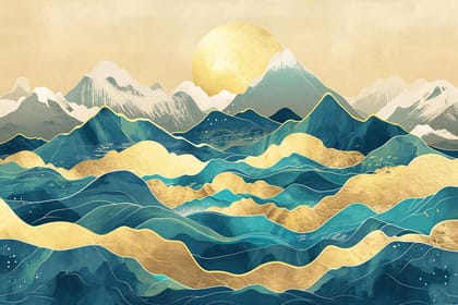ABSTRACT GOLDEN MOUNTAIN PAINTINGS 24in X 16in WITH BLACK FRAME