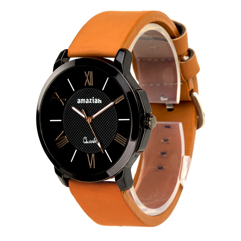Amaziah Men's Analog Watch with Black Dial and Brown Leather Strap