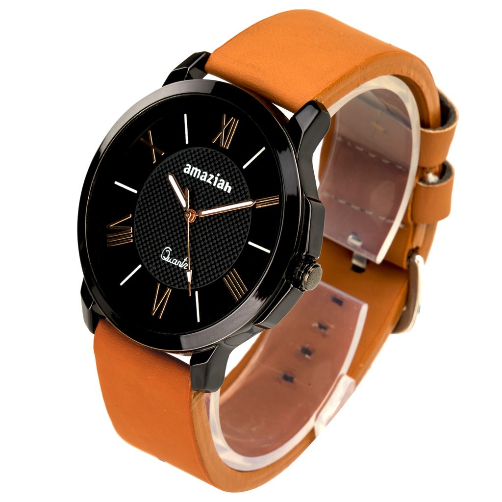Amaziah Men's Analog Watch with Black Dial and Brown Leather Strap