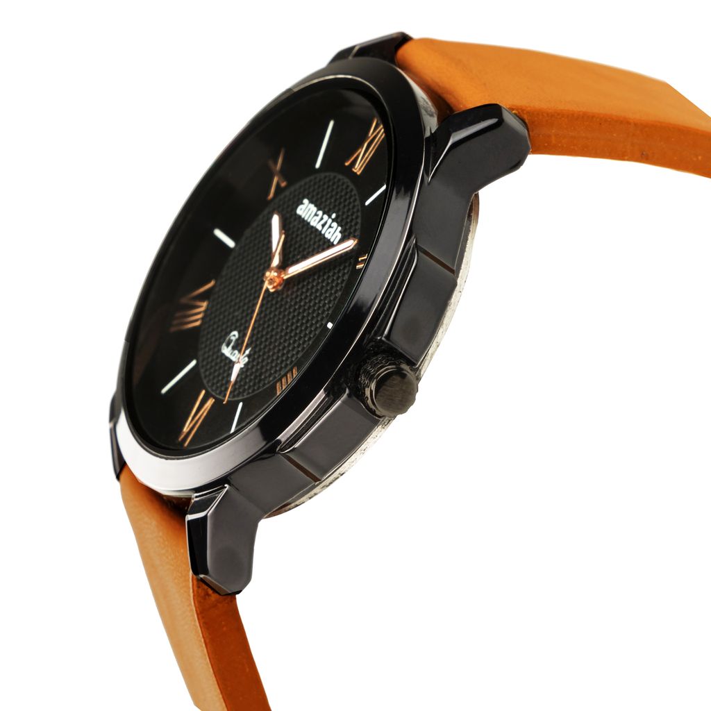 Amaziah Men's Analog Watch with Black Dial and Brown Leather Strap