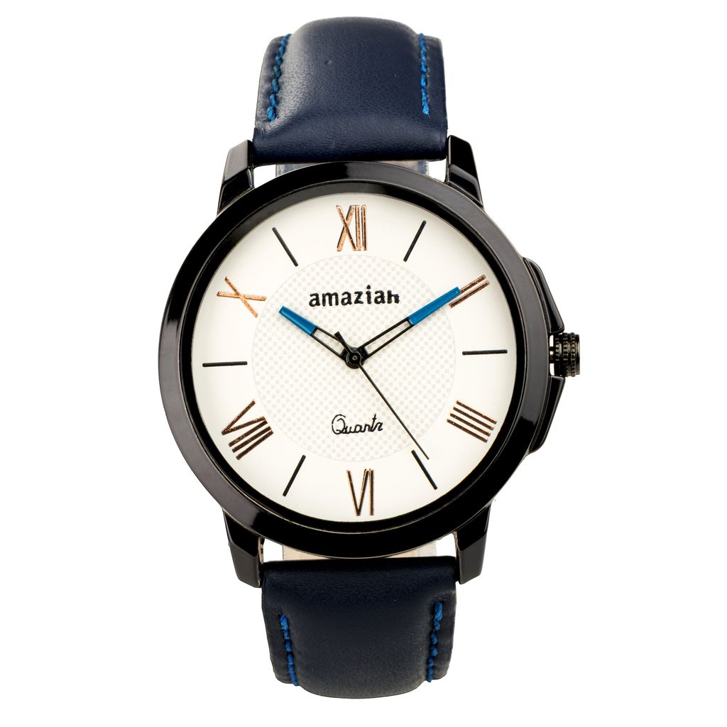 Amaziah Men's Analog Watch with Blue Dial and Black Leather Strap