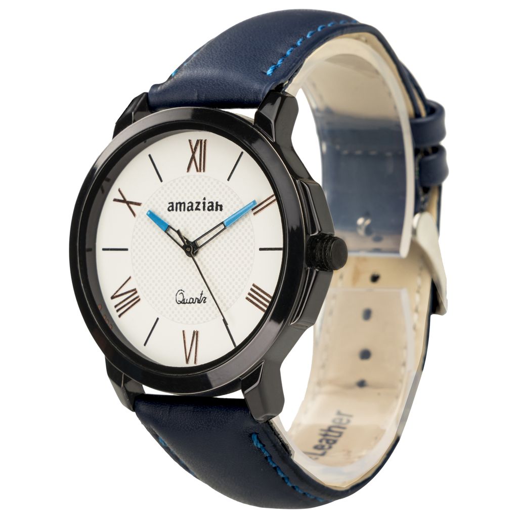 Amaziah Men's Analog Watch with Blue Dial and Black Leather Strap