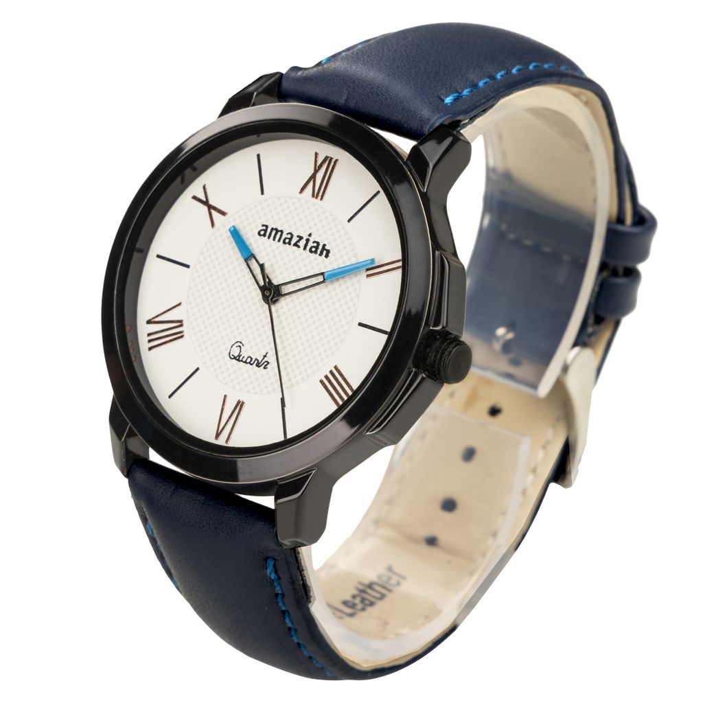 Amaziah Men's Analog Watch with Blue Dial and Black Leather Strap