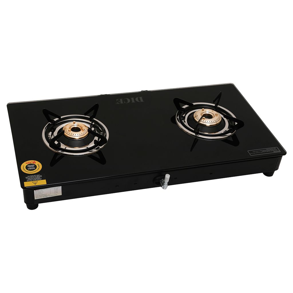 Dice 2 Burner Gas Stove – Black Glass Top, Brass Burners, ISI Certified, Manual Ignition, 2-Year Warranty