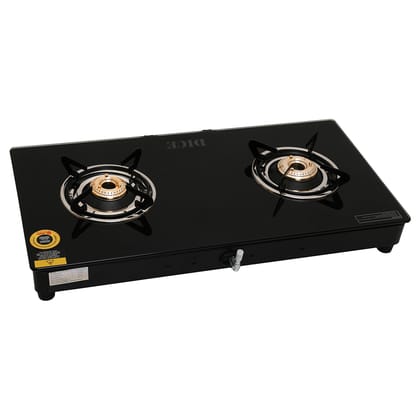 Dice 2 Burner Gas Stove – Black Glass Top, Brass Burners, ISI Certified, Manual Ignition, 2-Year Warranty