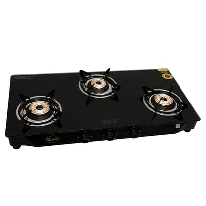 Dice B3 3 Burner Gas Stove – Black Glass Top, Brass Burners, ISI Certified, MS Channel Support, Manual Ignition, 2-Year Warranty