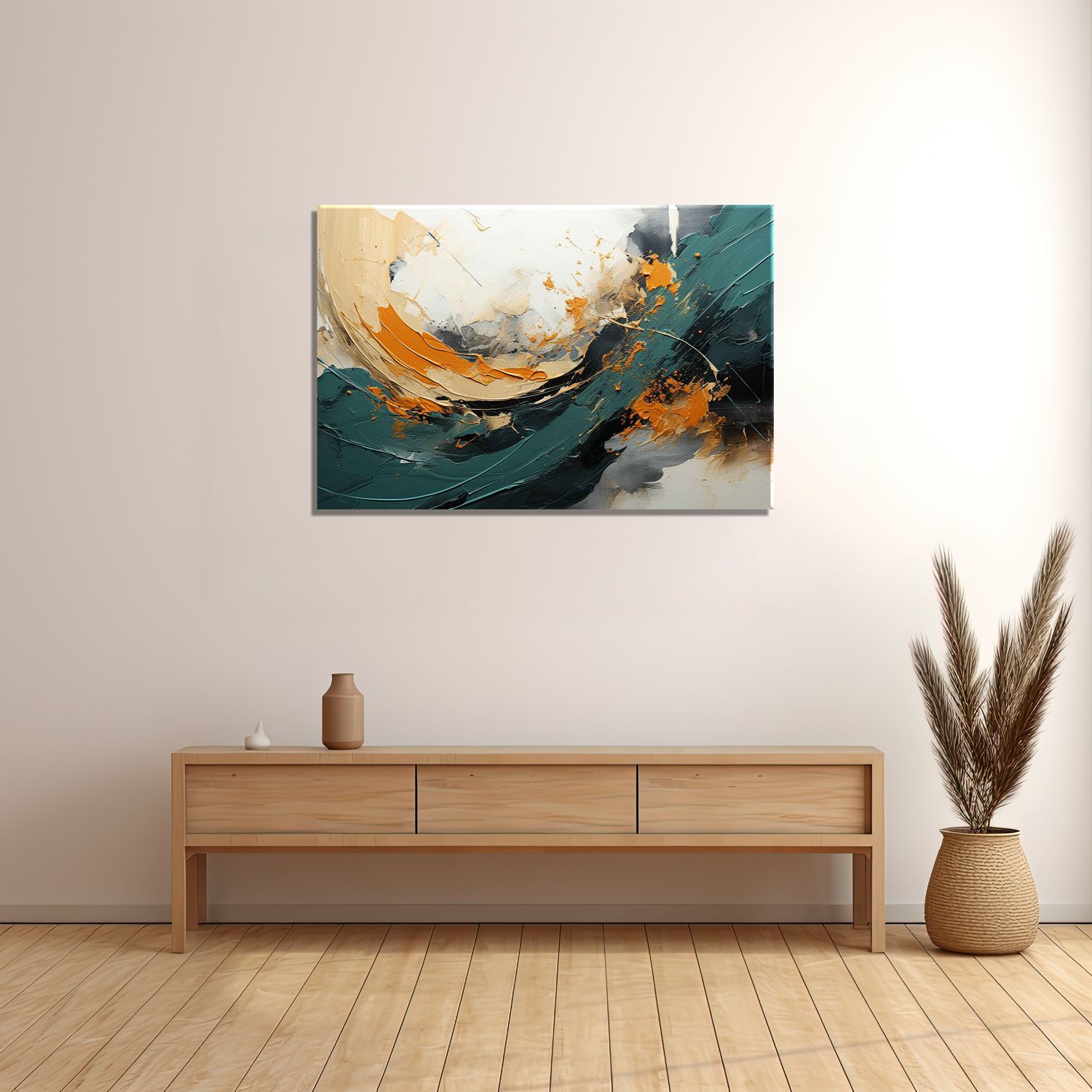 ABSTRACT TEAL AND ORANGE PAINTING 24in X 16in WITH BLACK FRAME