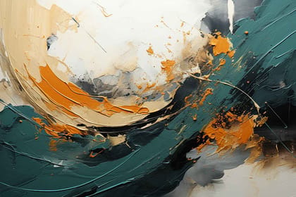 ABSTRACT TEAL AND ORANGE PAINTING 24in X 16in WITH BLACK FRAME