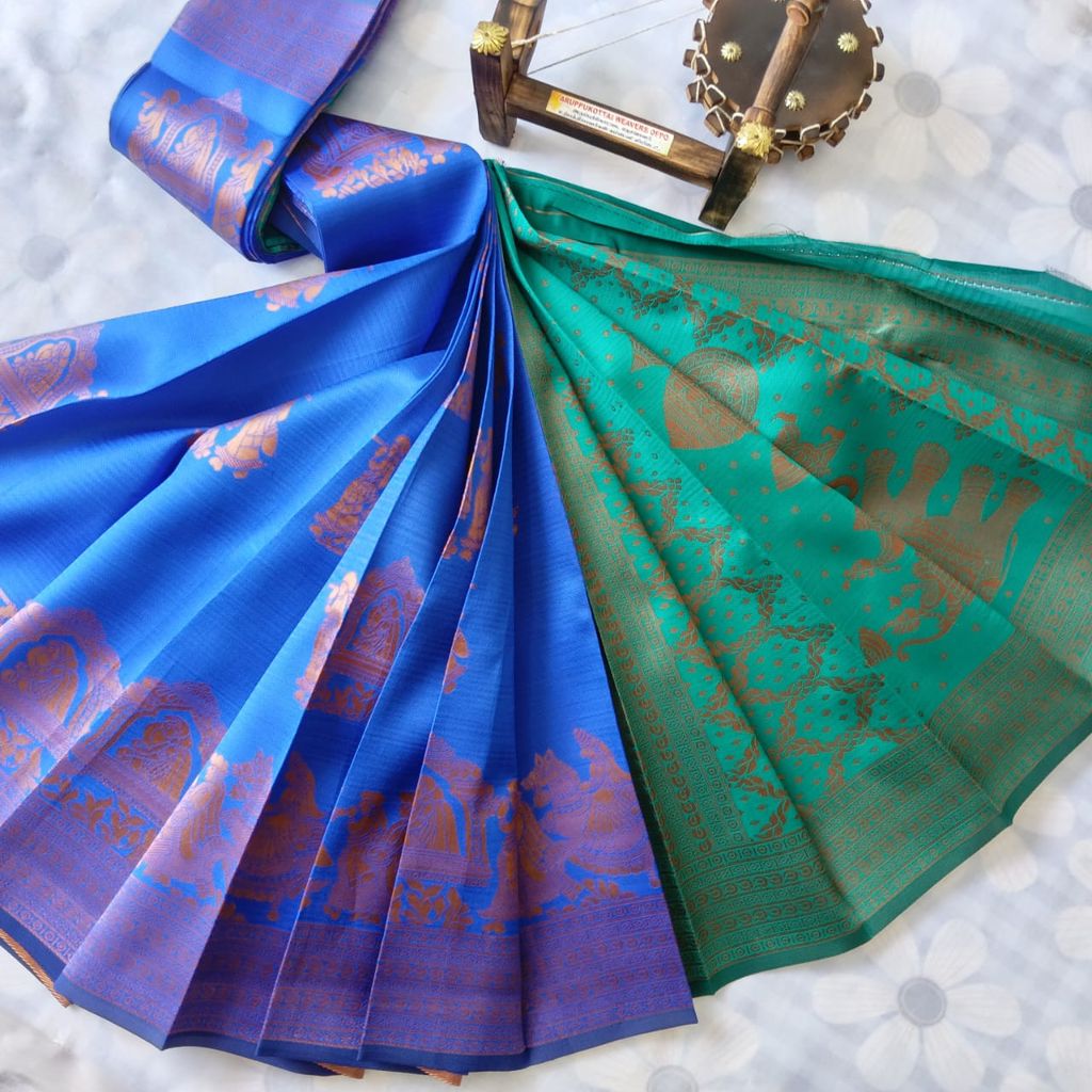 Kubera Silk Cottton Saree with Blouse - Blue colour