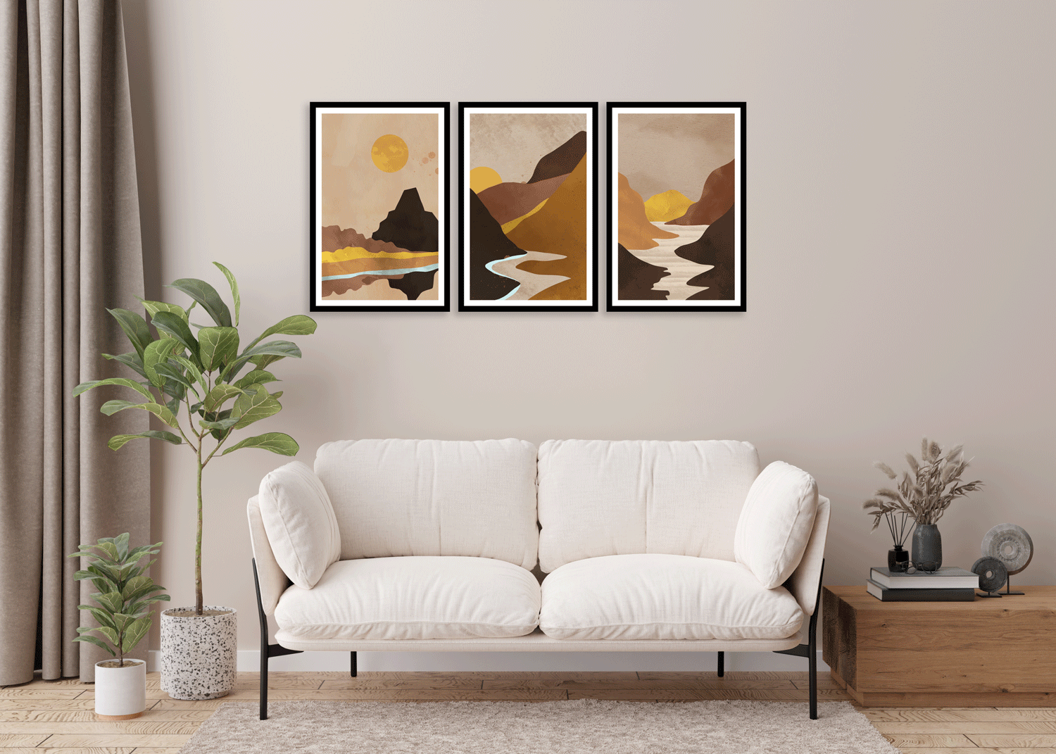 SET OF 3 MINIMALIST LANDSCAPE WALLART 48in X 24in WITH BLACK FRAME