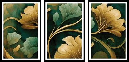 SET OF 3 GREEN AND GOLD FLORAL WALLART 48in X 24in WITH BLACK FRAME