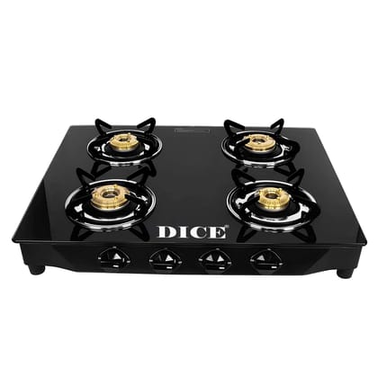Dice 4 Burner Gas Stove In Black Glass Top With 2 Year Warranty | ISI Certified | 
