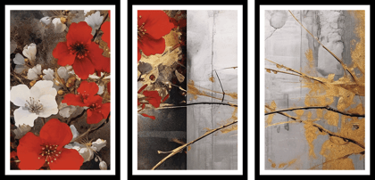 GEOMETRY FLOWER 3 PIECE PAINTINGS 48in X 24in WITH BLACK FRAME