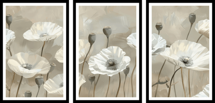 SET OF 3 WHITE POPPY FLOWERS WALLART 48in X 24in WITH BLACK FRAME
