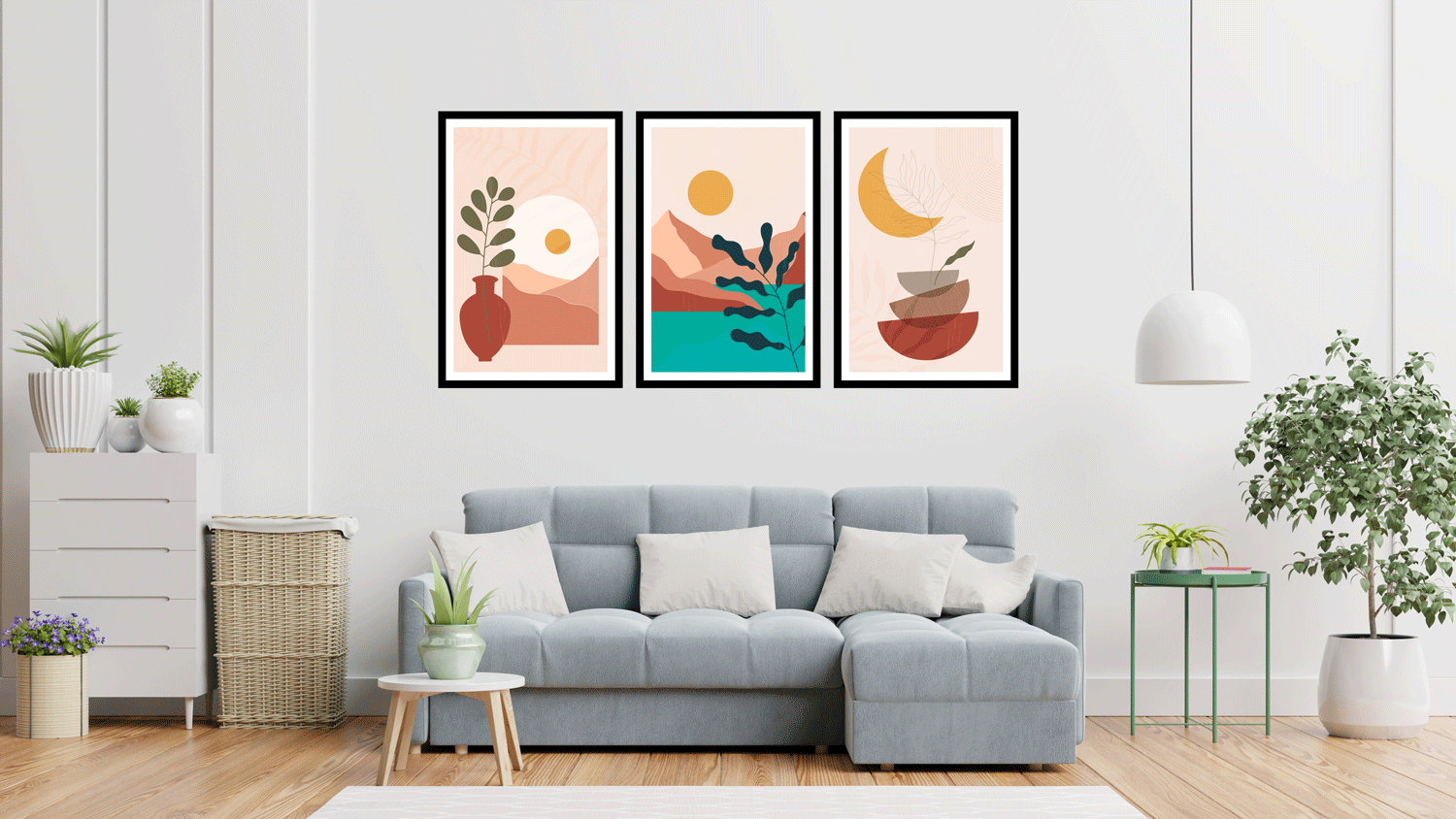 SET OF 3 BOHO WALLART 48in X 24in WITH BLACK FRAME