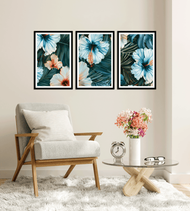 SET OF 3 TROPICAL FLORAL PRINTS 48in X 24in WITH BLACK FRAME