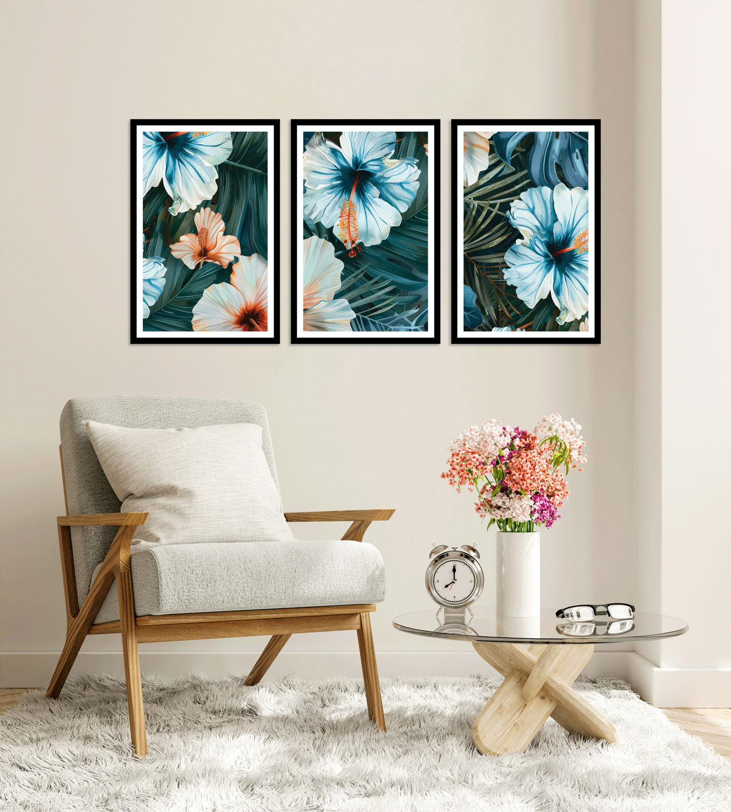 SET OF 3 TROPICAL FLORAL PRINTS 48in X 24in WITH BLACK FRAME
