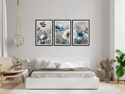 SET OF 3 BLUE AND WHITE FLORAL PRINTS 48in X 24in WITH BLACK FRAME
