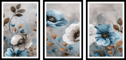 SET OF 3 BLUE AND WHITE FLORAL PRINTS 48in X 24in WITH BLACK FRAME
