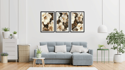 SET OF 3 SEPIA FLOWERS PAINTINGS 48in X 24in WITH BLACK FRAME