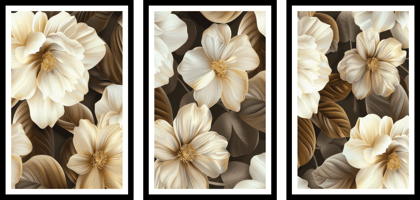 SET OF 3 SEPIA FLOWERS PAINTINGS 48in X 24in WITH BLACK FRAME