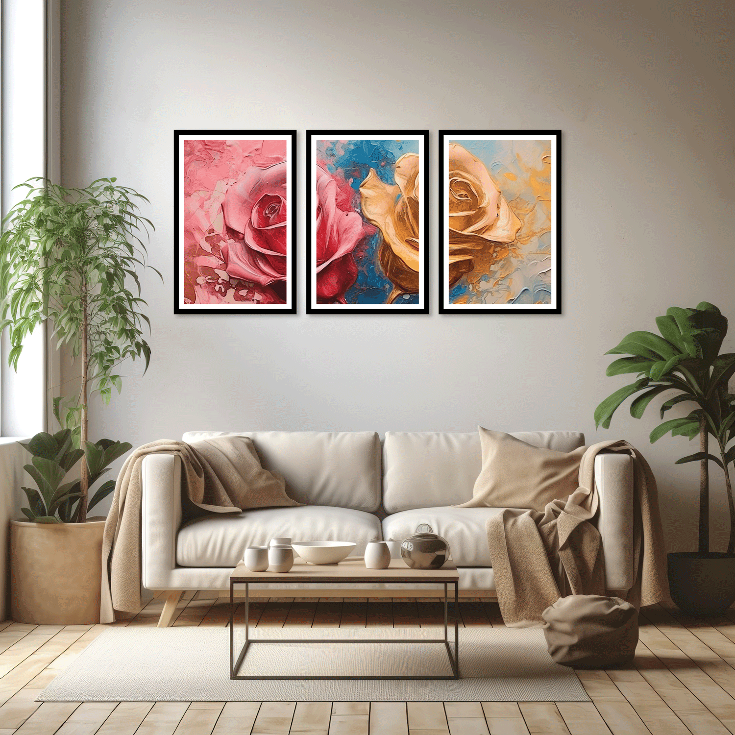 SET OF 3 TRIPTYCH WALL ART 48in X 24in WITH BLACK FRAME