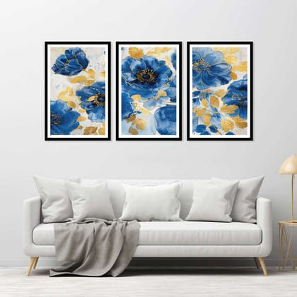 SET OF 3 BLUE AND GOLD WALLART 48in X 24in WITH BLACK FRAME