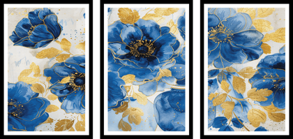 SET OF 3 BLUE AND GOLD WALLART 48in X 24in WITH BLACK FRAME