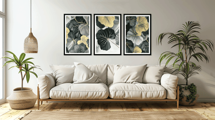 LEAVES AND FLOWER 3 PIECE FRAME 48in X 24in WITH BLACK FRAME