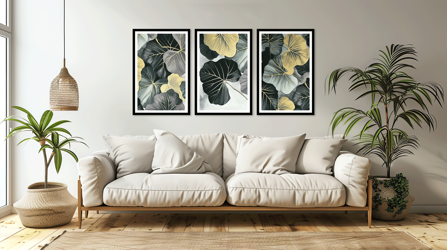 LEAVES AND FLOWER 3 PIECE FRAME 48in X 24in WITH BLACK FRAME