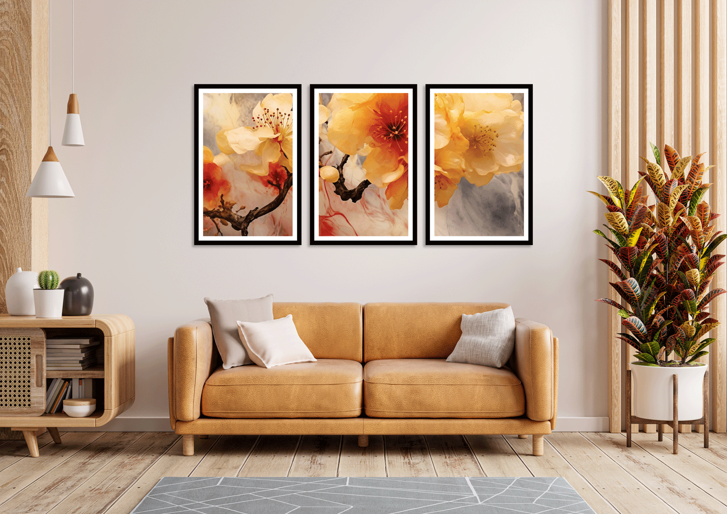 SET OF 3 YELLOW FLORAL PRINTS 48in X 24in WITH BLACK FRAME