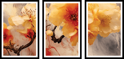 SET OF 3 YELLOW FLORAL PRINTS 48in X 24in WITH BLACK FRAME