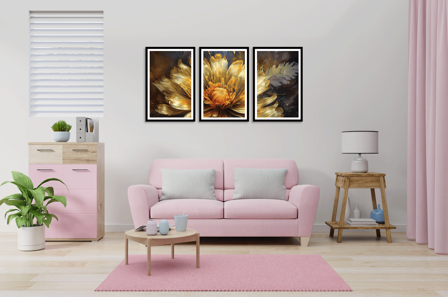 SET OF 3 GOLDEN FLOWER WALLART 48in X 24in WITH BLACK FRAME