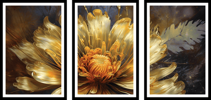 SET OF 3 GOLDEN FLOWER WALLART 48in X 24in WITH BLACK FRAME