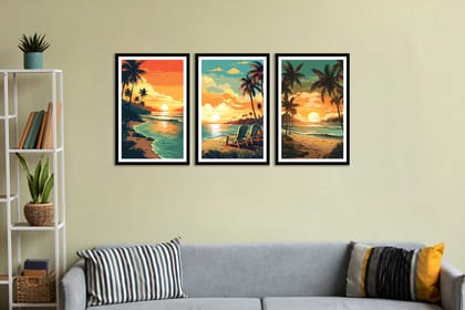 SET OF 3 BEACH SUNSET WALLART PRINTS 48in X 24in WITH BLACK FRAME