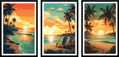 SET OF 3 BEACH SUNSET WALLART PRINTS 48in X 24in WITH BLACK FRAME