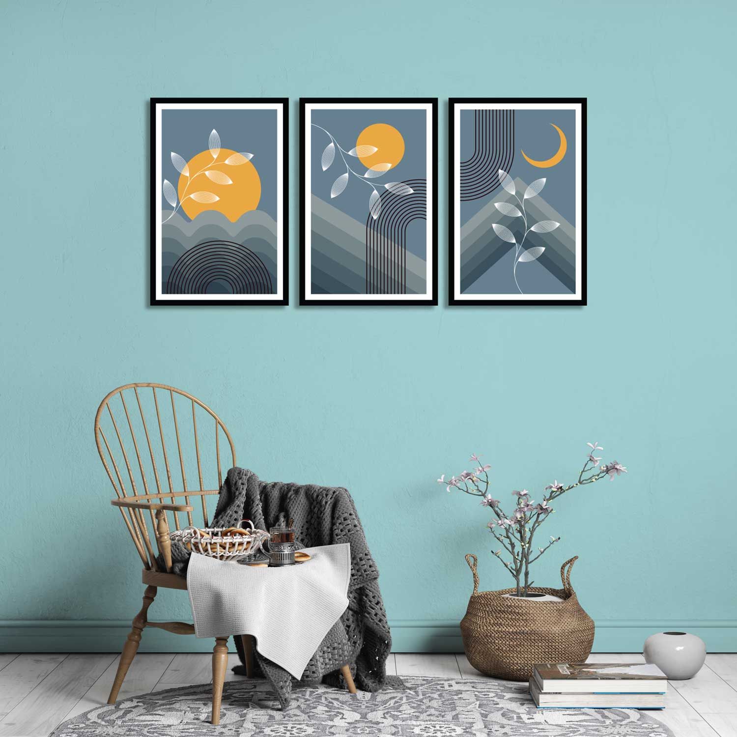 SET OF 3 MOON AND SUN WALLART PRINTS 48in X 24in WITH BLACK FRAME