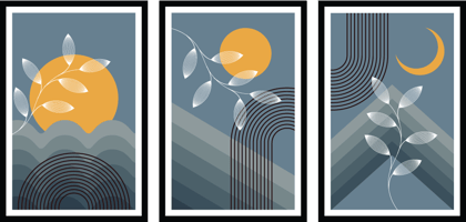 SET OF 3 MOON AND SUN WALLART PRINTS 48in X 24in WITH BLACK FRAME
