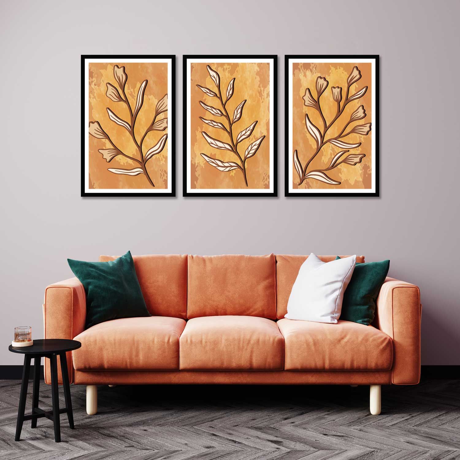 SET OF 3 TEXTURE LEAF PRINTS 48in X 24in WITH BLACK FRAME