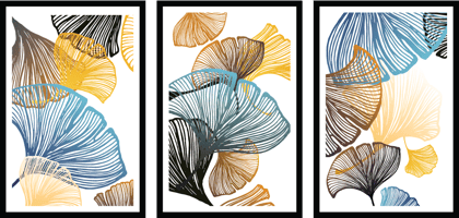 SET OF 3 MULTICOLOUR GINKGO LEAVES WALLART 48in X 24in WITH BLACK FRAME