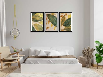SET OF 3 GREEN AND GOLD WALLART 48in X 24in WITH BLACK FRAME