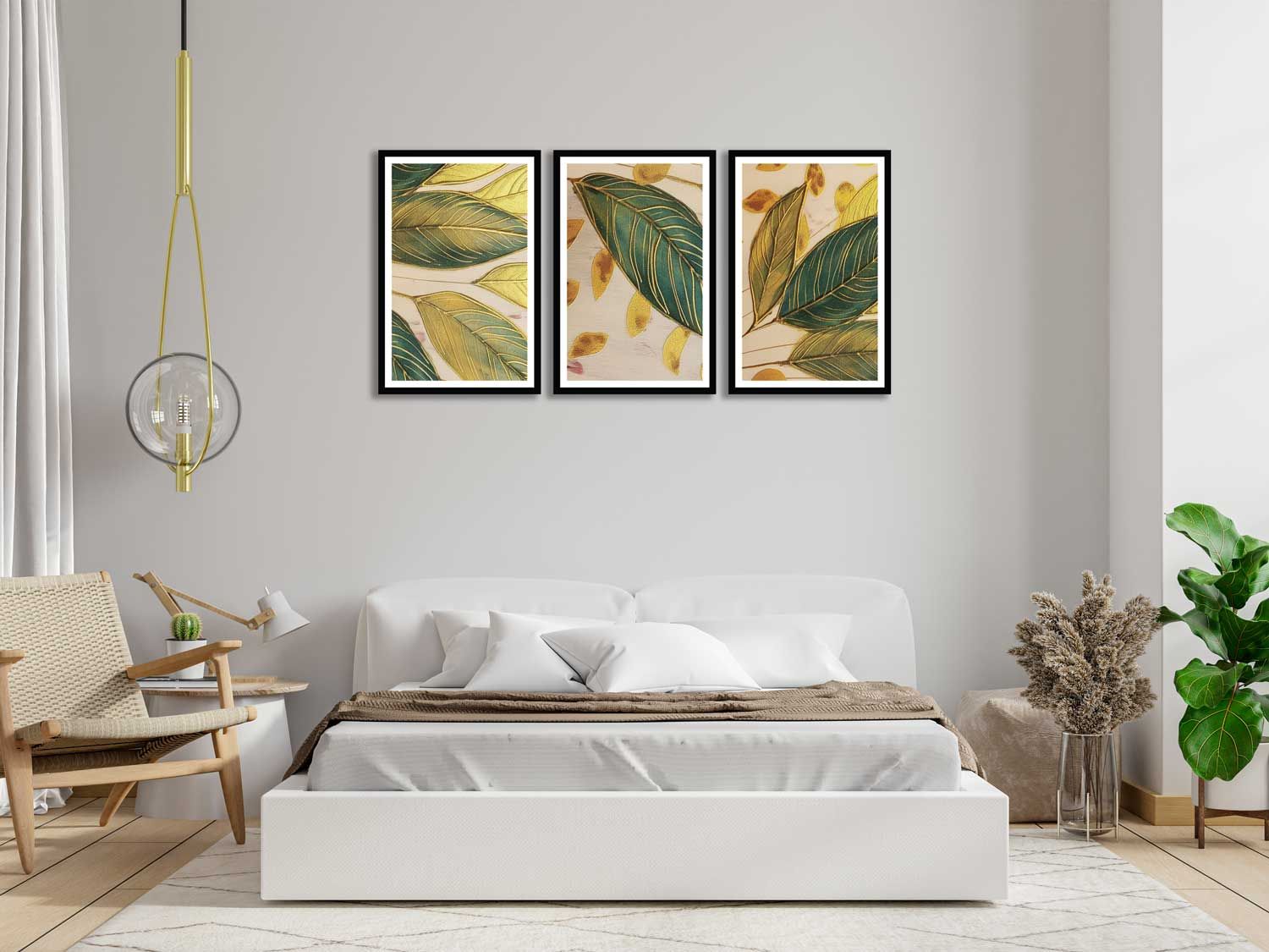 SET OF 3 GREEN AND GOLD WALLART 48in X 24in WITH BLACK FRAME
