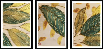 SET OF 3 GREEN AND GOLD WALLART 48in X 24in WITH BLACK FRAME