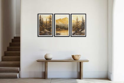 SET OF 3 GOLDEN FOREST PAINTINGS 48in X 24in WITH BLACK FRAME