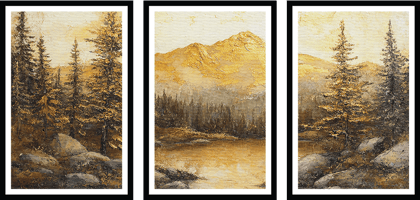 SET OF 3 GOLDEN FOREST PAINTINGS 48in X 24in WITH BLACK FRAME
