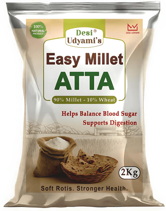 Desi Udyami EasyMillet Multigrain Atta – Diabetes-Friendly, Low GI, High Fiber Roti Flour (Jowar, Ragi, Bajra, Methi, Jeera) | Multigrain Flour for Diabetes, Weight Loss & Thyroid | Low GI Millet Atta with 10% Wheat 2 Kgs
